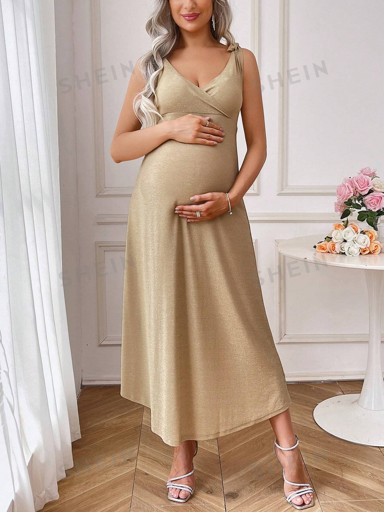 SHEIN Однотонное платье для беременных с V-образным вырезом, шампанское одежда для беременных летние повседневные женские платья для беременных с v образным вырезом сексуальное платье