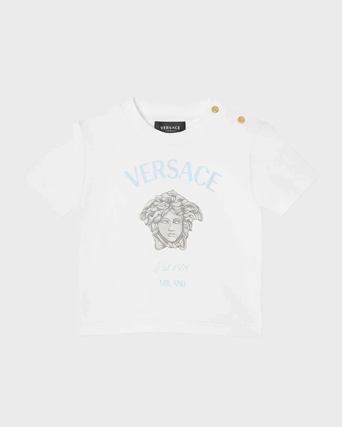 

Футболка с рисунком Medusa для девочек, размер 3–18M Versace, цвет White/Light Blue