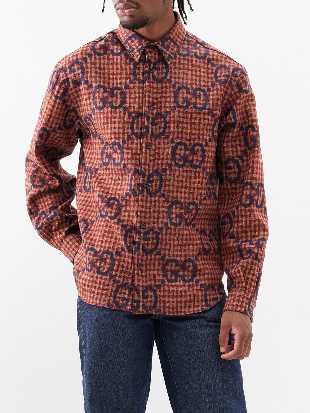 

Шерстяная рубашка в жаккардовую клетку с узором gg Gucci, красный