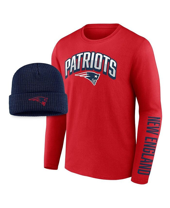

Мужской комплект красно-темно-синей футболки с длинным рукавом New England Patriots и вязаной шапки с манжетами Fanatics, мультиколор