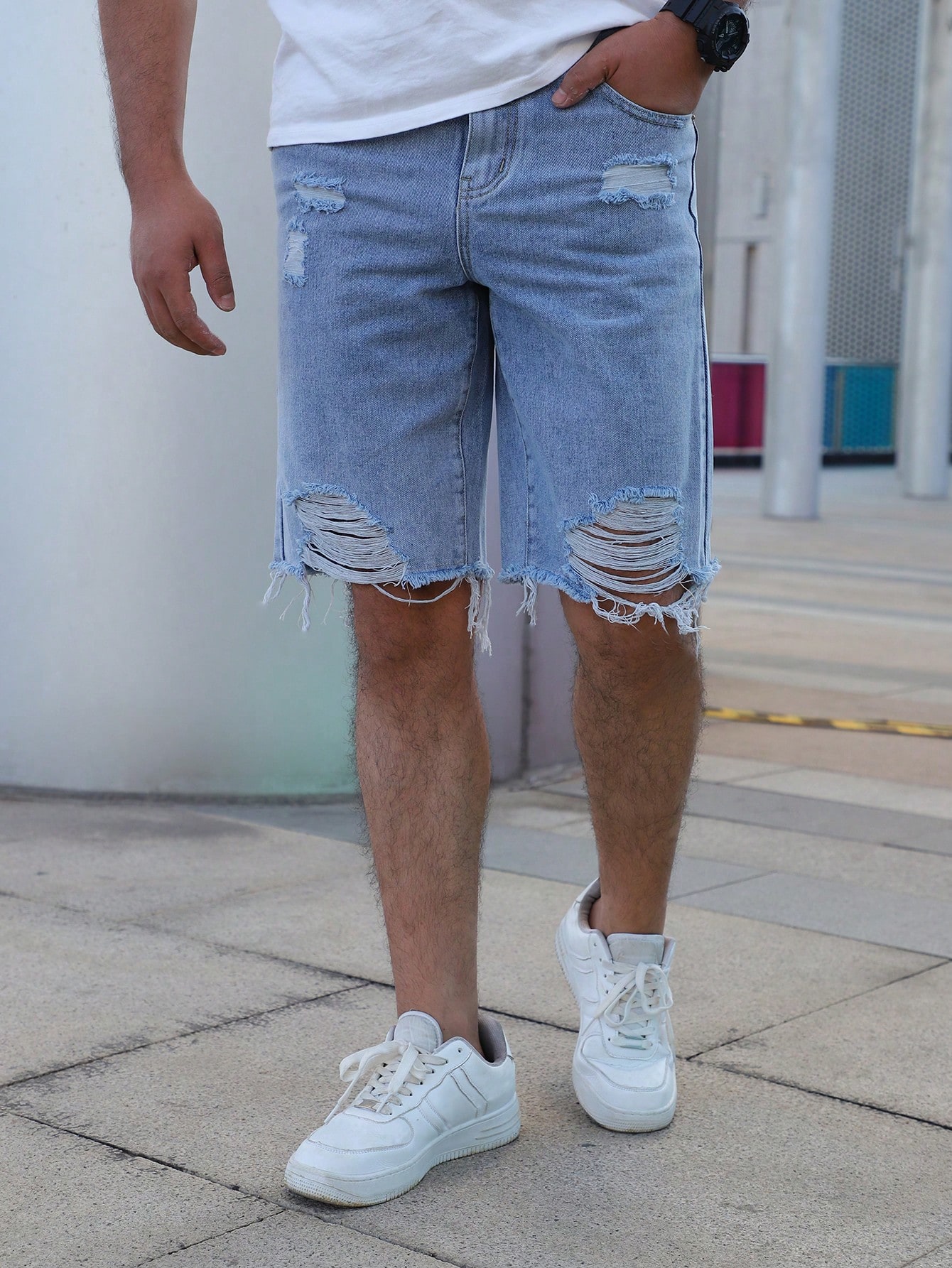 Мужские джинсовые шорты с потертостями, легкая стирка фото