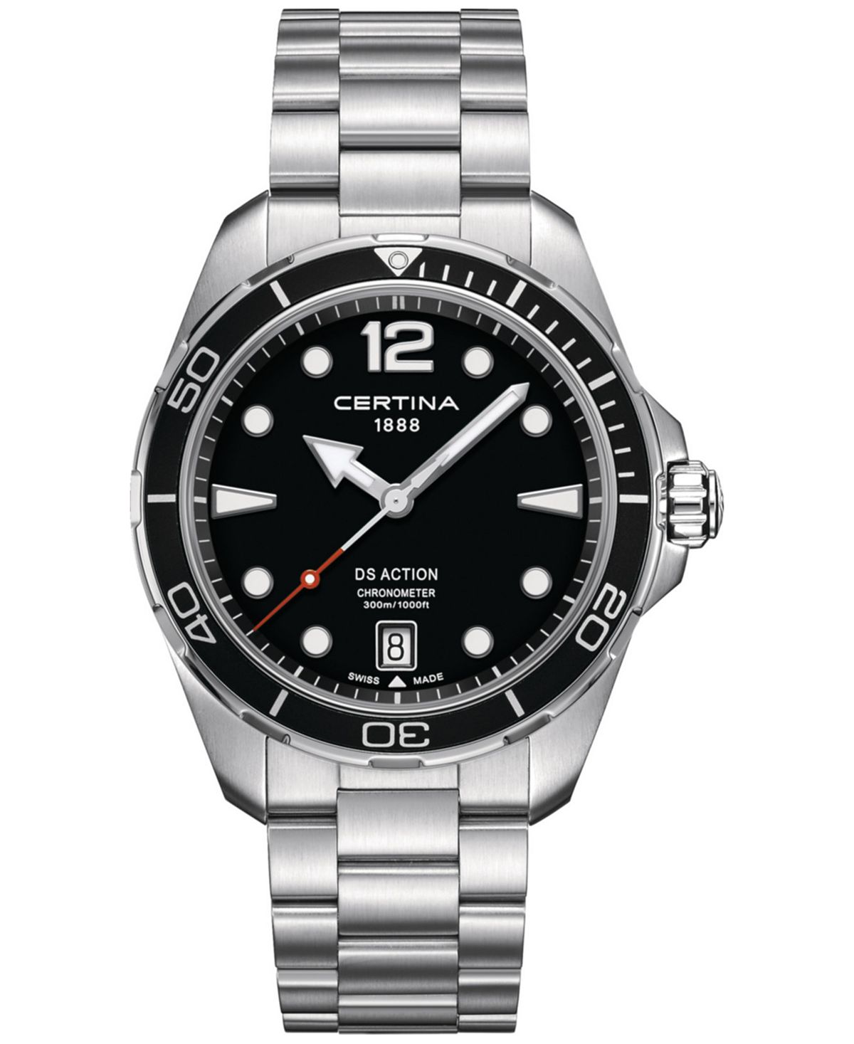 Мужские швейцарские часы DS Action с браслетом из нержавеющей стали, 43 мм Certina женские швейцарские часы ds action diamond accent из нержавеющей стали с браслетом 34 мм certina белый