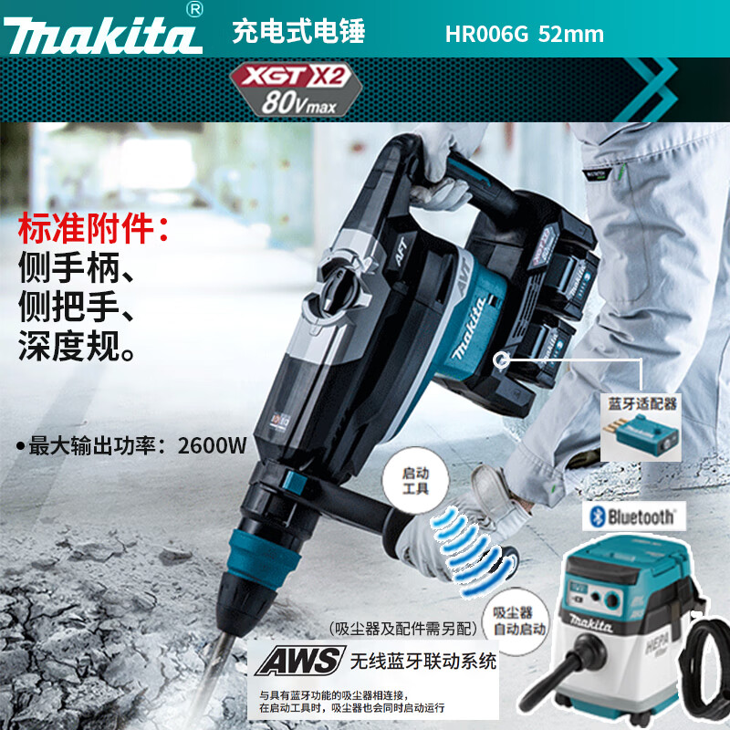 Дрель-перфоратор Makita HR006G, 52 мм + четыре аккумулятора 40V/5.0Ah, зарядное устройство