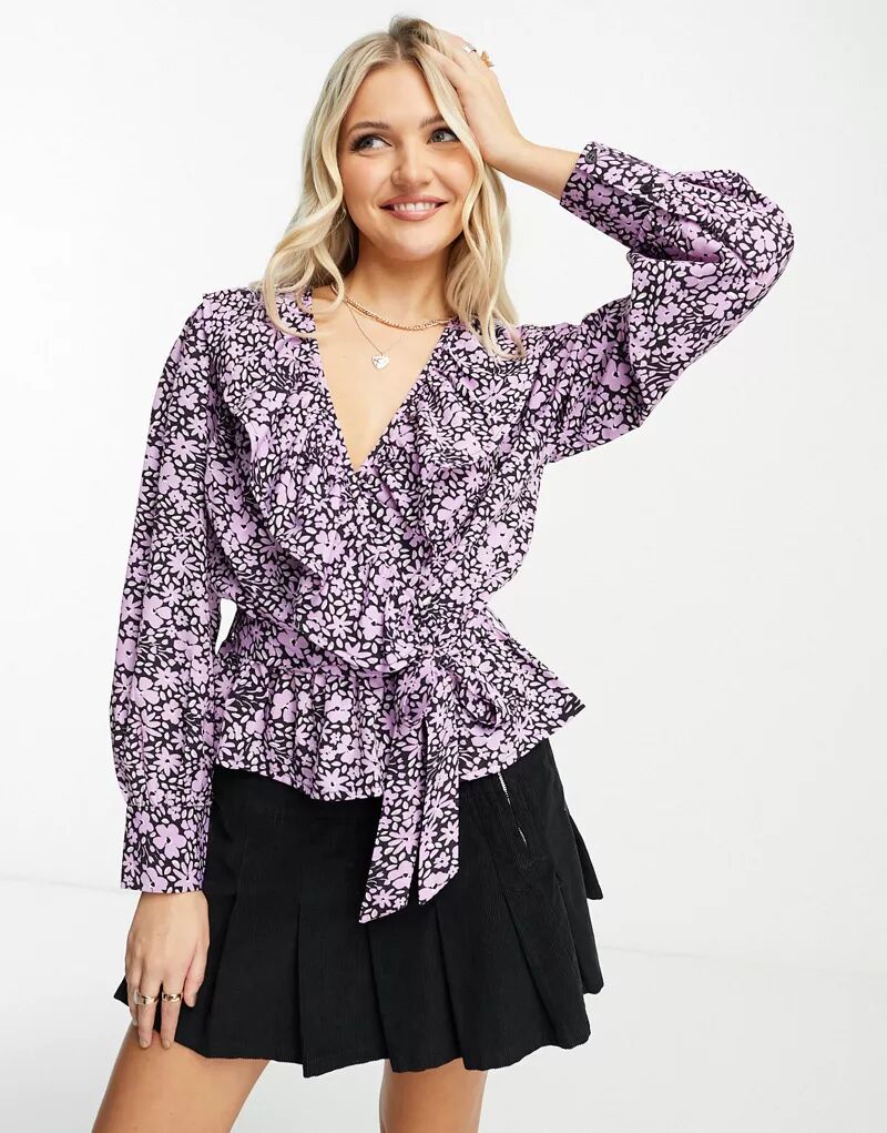Фиолетовая блузка с длинными рукавами и цветочным запахом New Look