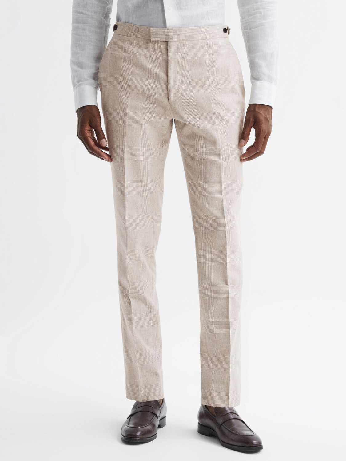 

Reiss Craft Slim Fit Костюмные брюки в клетку из льняной смеси, овсяный