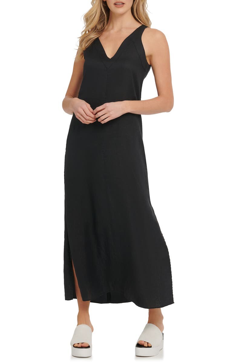 

Льняное платье макси с V-образным вырезом DKNY, черный