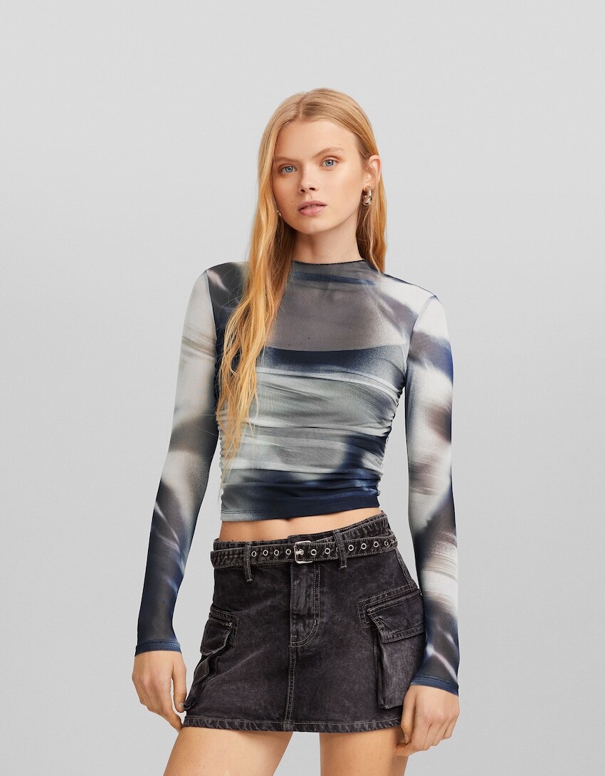 

Блуза из тюля с длинными рукавами и комплектом Bershka, серый