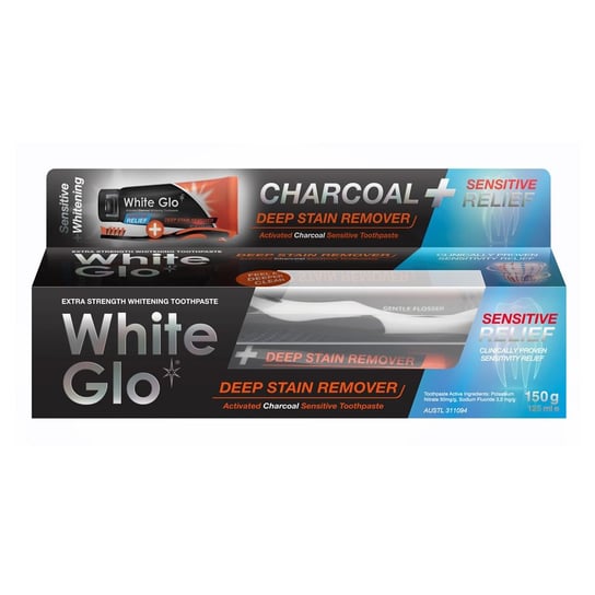 Отбеливающая зубная паста с активированным углем 125мл + зубная щетка White Glo, Charcoal Deep Stain Remover Sensitive Relief цена и фото