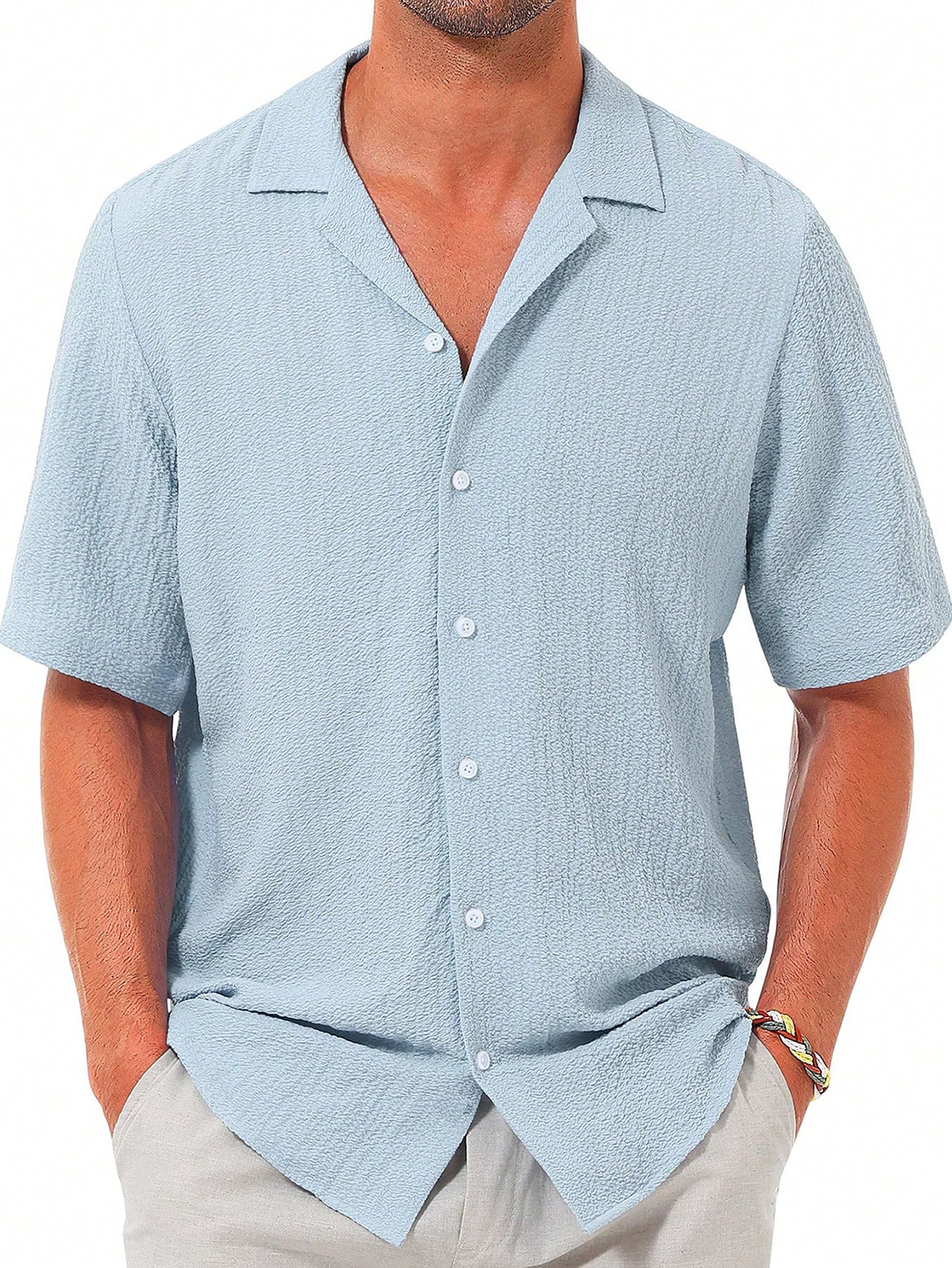 Мужская повседневная рубашка с коротким рукавом на пуговицах, синий