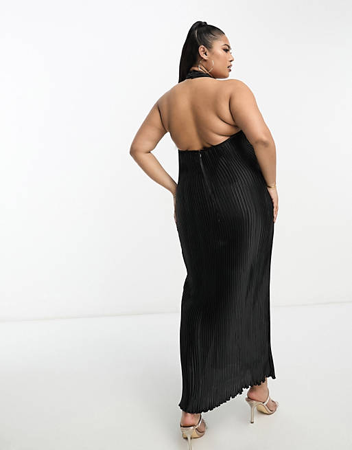 Эксклюзивное черное атласное плиссированное платье миди с воротником-халтер ASOS DESIGN Curve платье панинтер для офиса 46 размер