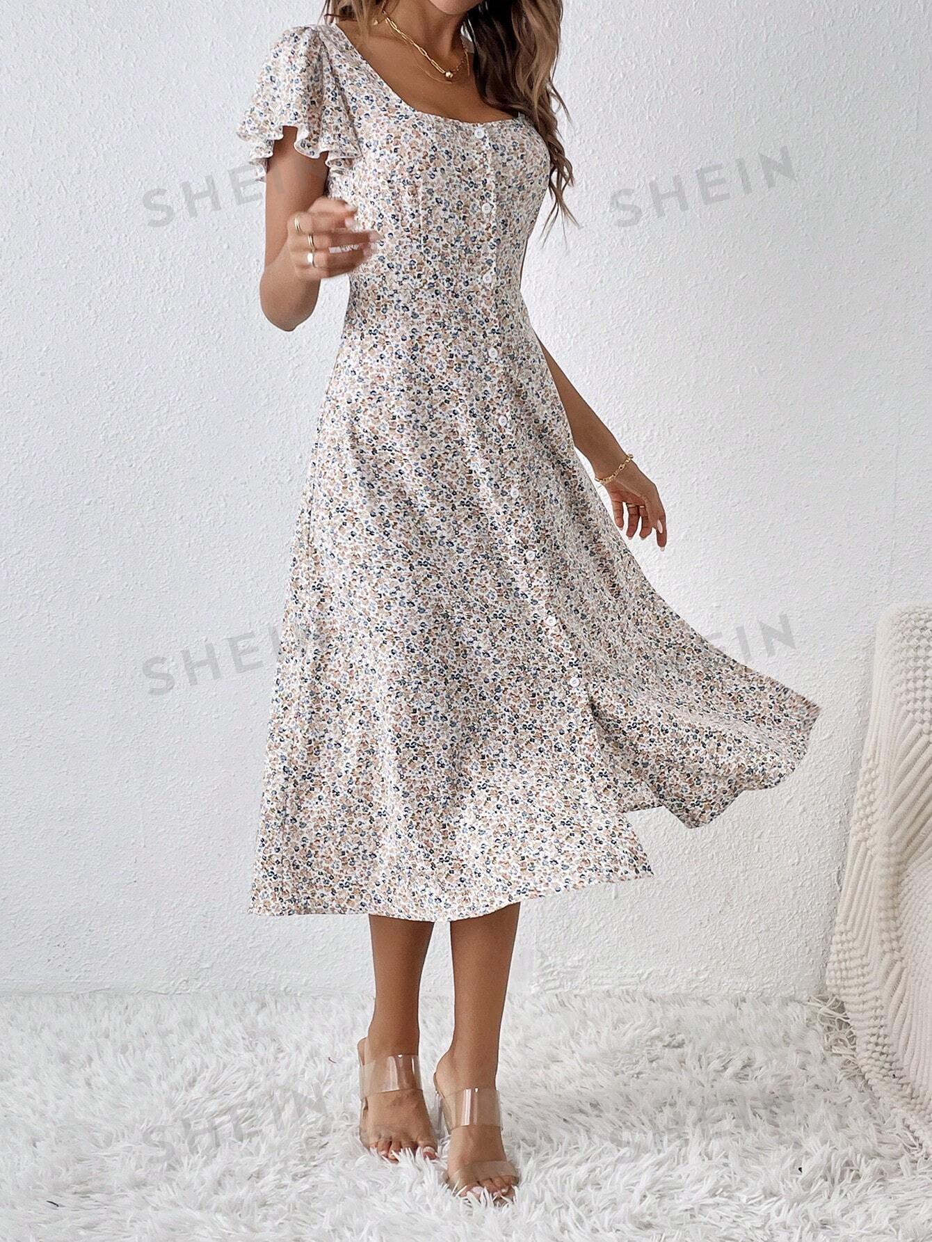 SHEIN Frenchy женское платье с короткими рукавами и оборками с цветочным принтом, белый