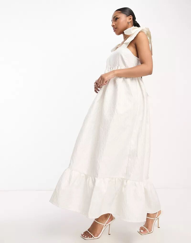 

Белое эксклюзивное многоярусное жаккардовое платье макси Pieces Bride To Be с объемными рукавами-комбинацией с бантом