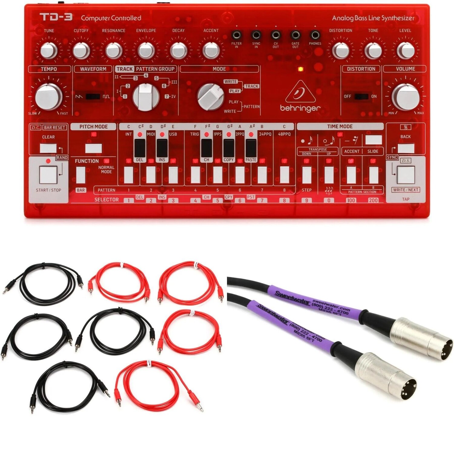 

Новый аналоговый бас-синтезатор Behringer TD-3-SB с кабелями — клубника