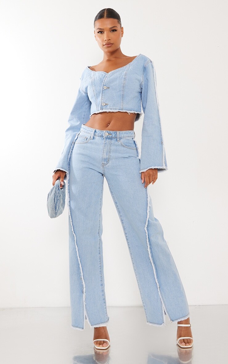 

PrettyLittleThing Голубые широкие джинсы с потертостями и разрезами по низу