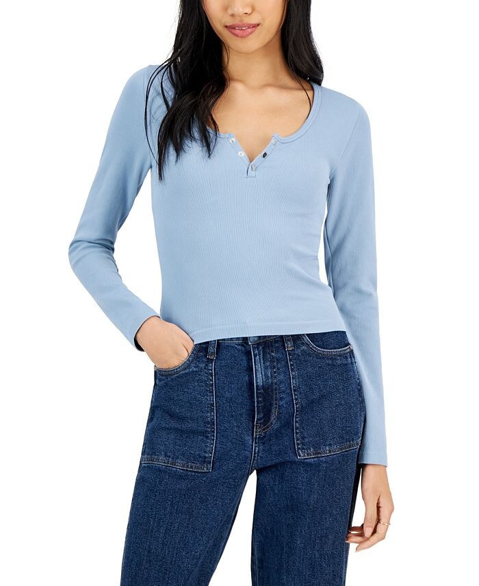 

Бесшовный топ Henley в рубчик с длинными рукавами Planet Heart, синий