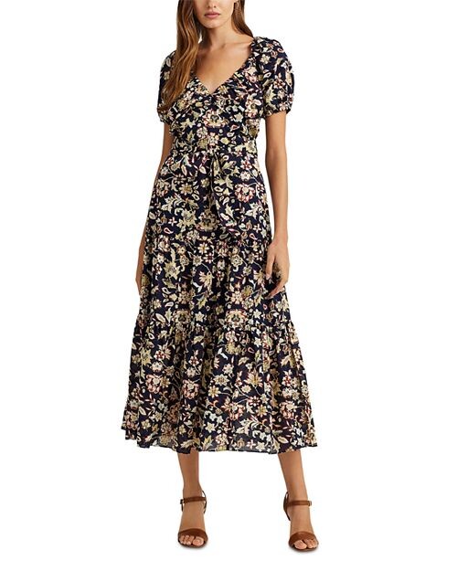 

Платье макси из хлопковой вуали с цветочным принтом и пышными рукавами Ralph Lauren, цвет Blue