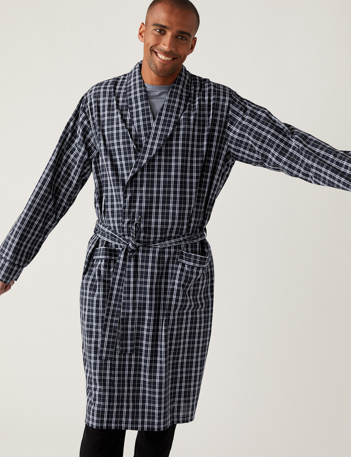 

Халат в клетку из смеси хлопка Marks & Spencer, синий микс