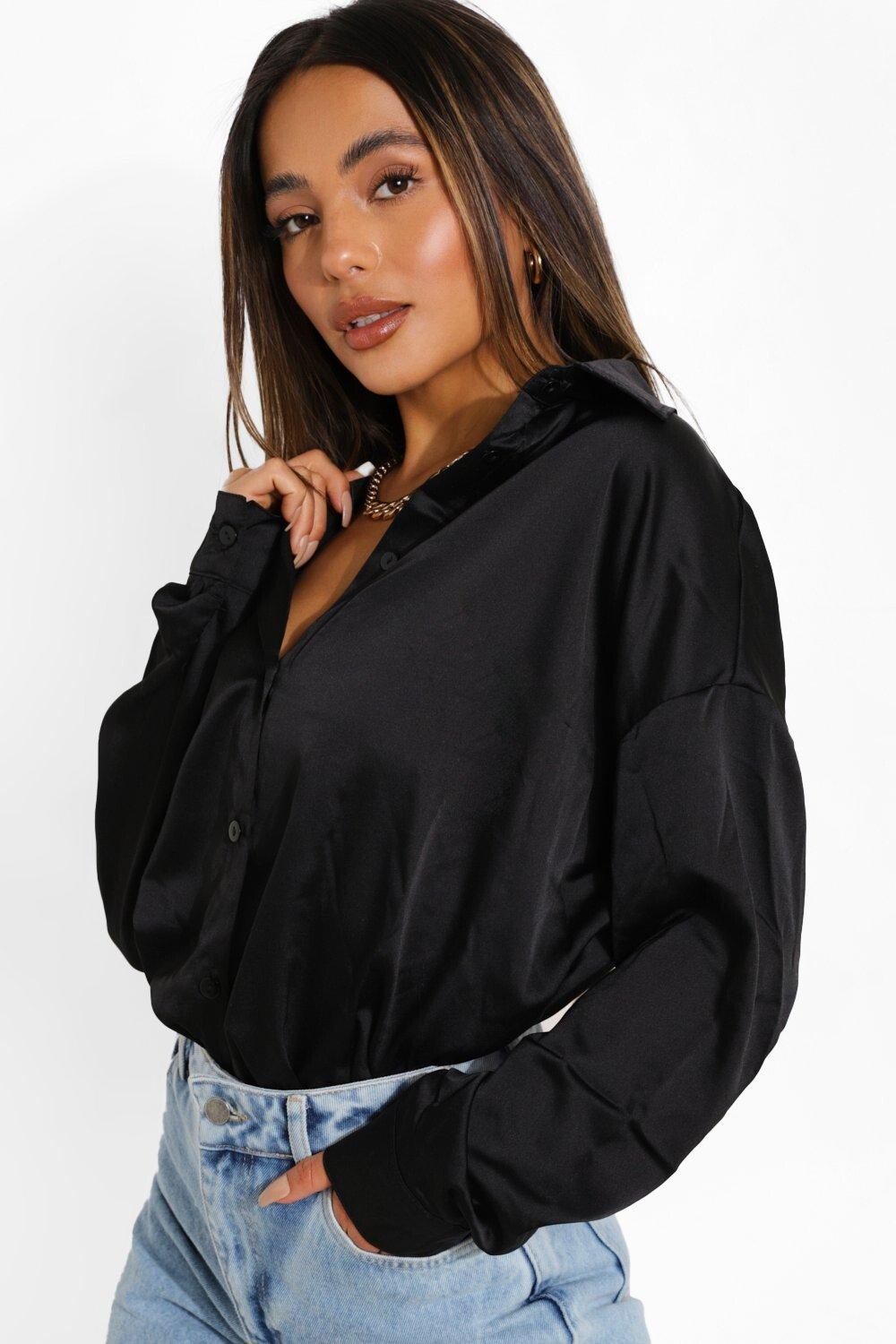 

Рубашка оверсайз из атласа petite Boohoo, черный