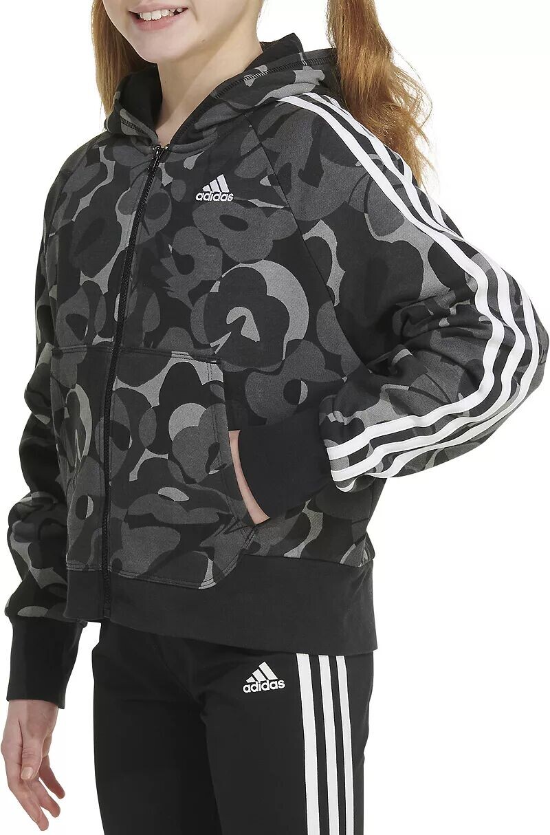

Флисовая куртка Adidas с капюшоном и молнией спереди Essential с 3 полосками для девочек, черный