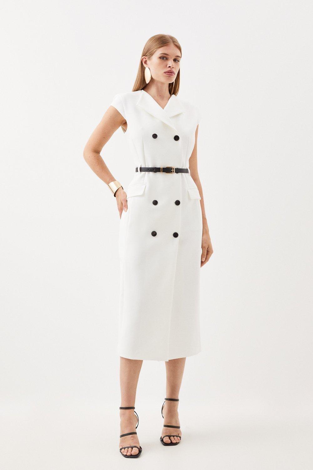 

Платье миди чистого кроя с короткими рукавами и поясом Karen Millen, белый