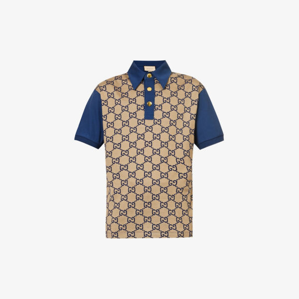 

Рубашка-поло из шелка и хлопка с контрастной отделкой Monogram Gucci, синий