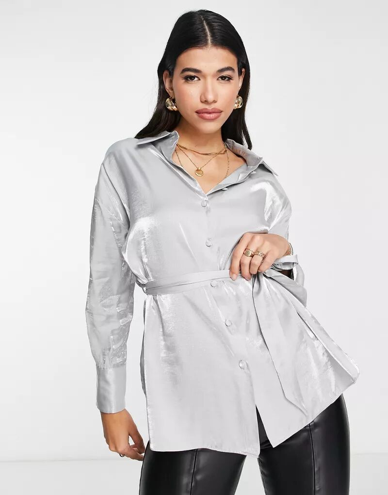 Серебристая блузка-рубашка с поясом River Island