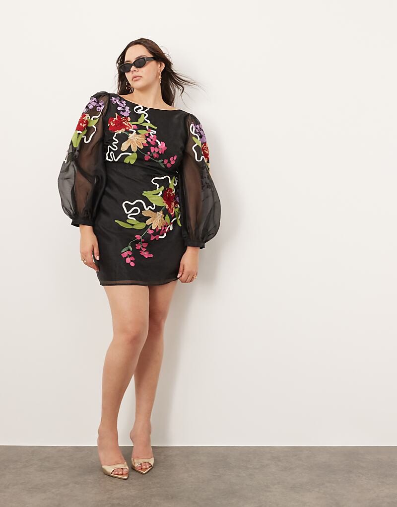 

ASOS Edition Curve – Черное мини-платье с завязками на спине и длинными рукавами из вышитого узора из органзы