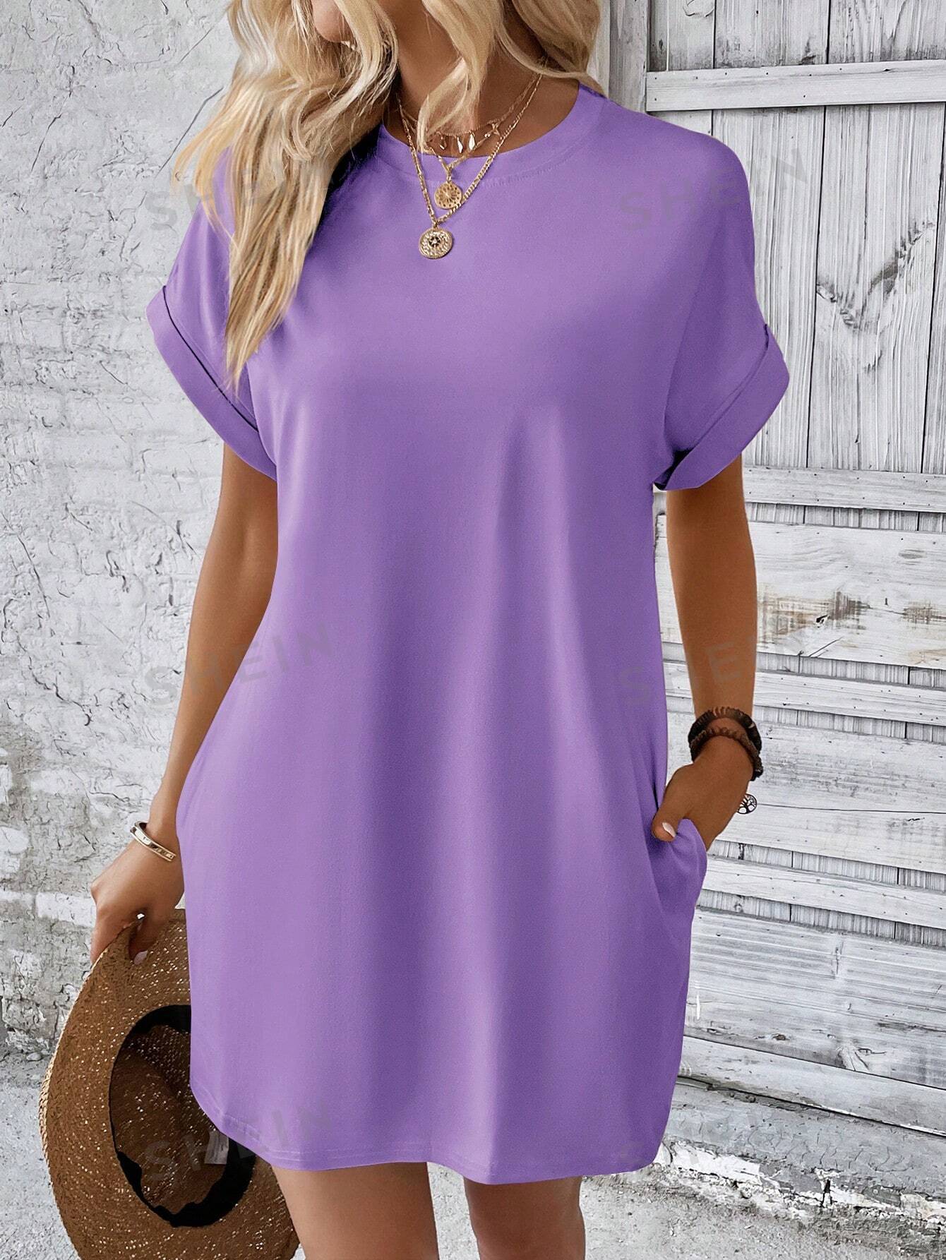 SHEIN LUNE Однотонное платье с рукавами «летучая мышь» и диагональными карманами, сиреневый фиолетовый