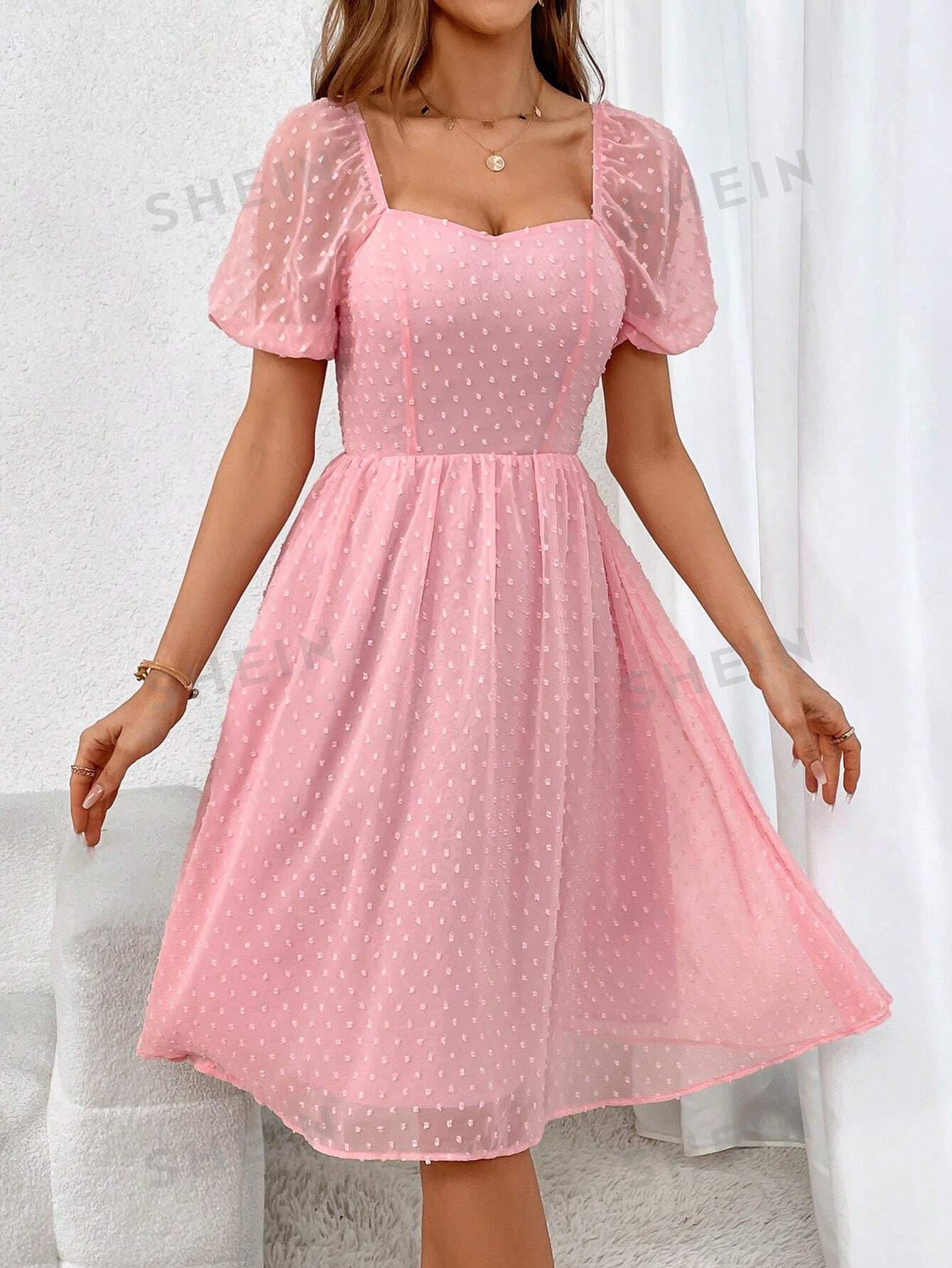 SHEIN Privé женское однотонное платье с воротником-сердечком и пышными рукавами, детский розовый блуза zara swiss dot with beads черный