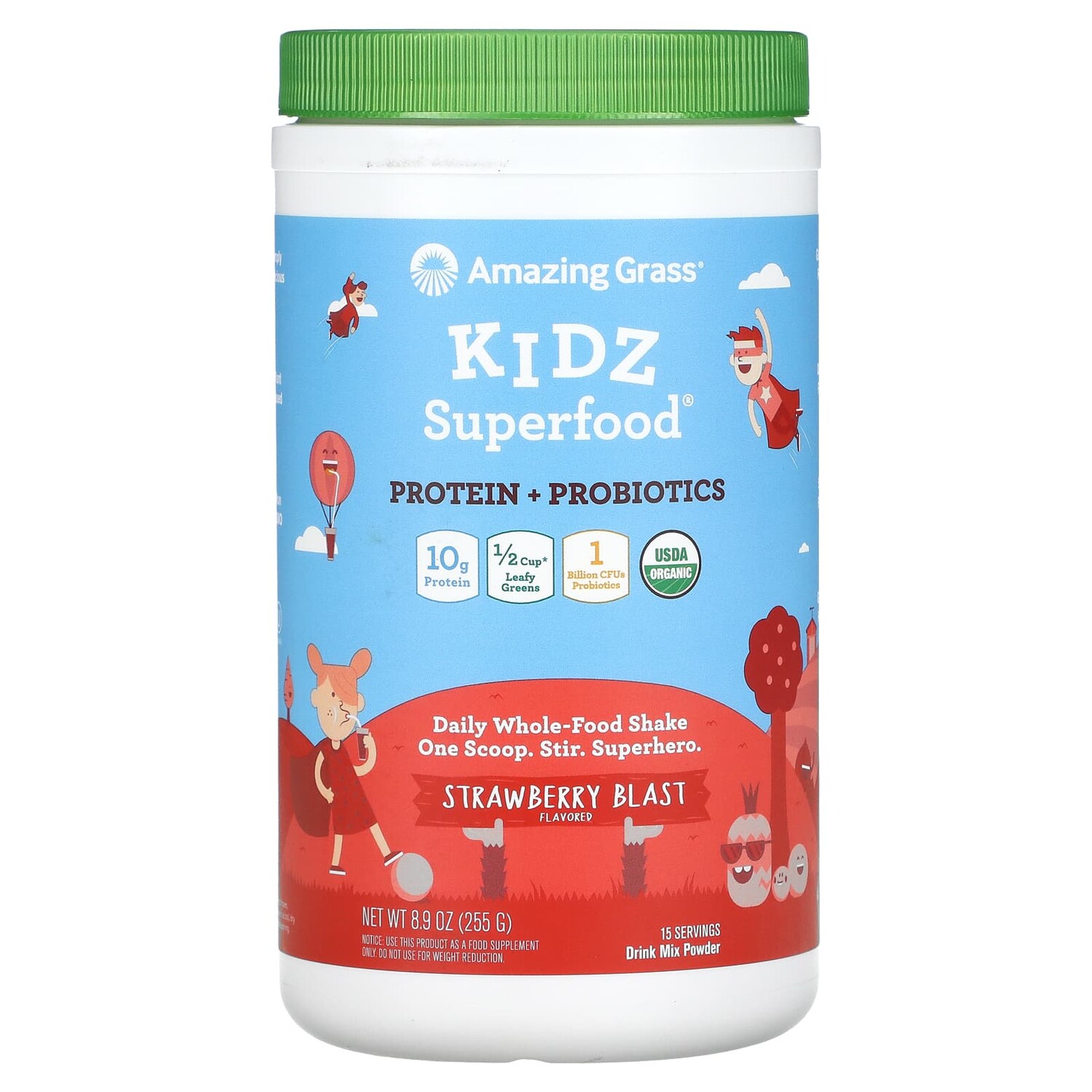 

Kidz Superfood, протеин и пробиотики, клубничный взрыв, 255 г (8,9 унции), Amazing Grass