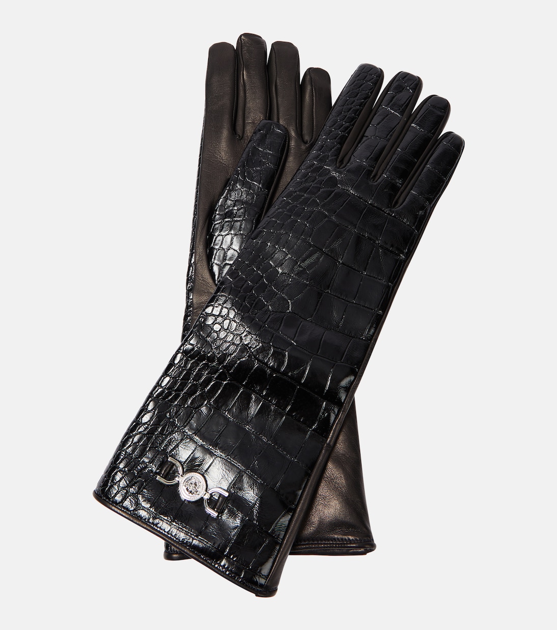 Перчатки из кожи с тиснением под крокодила Versace, черный