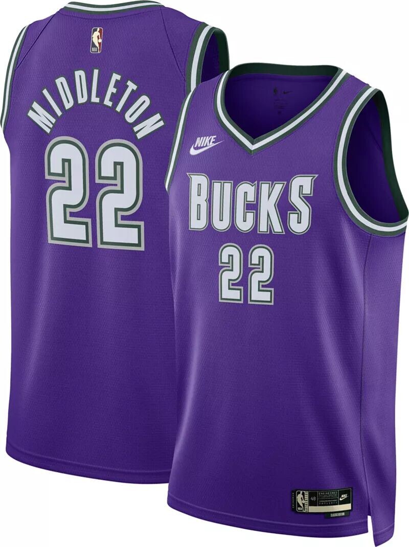 

Мужская футболка Nike Milwaukee Bucks Khris Middleton #22 фиолетового цвета из твердой древесины Classic Dri-FIT Swingman