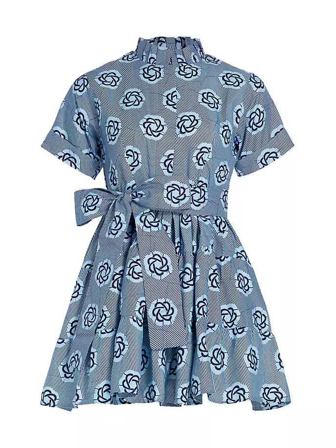 цена Хлопковое мини-платье Olori в полоску с геометрическим узором и завязкой на талии Elisamama, синий