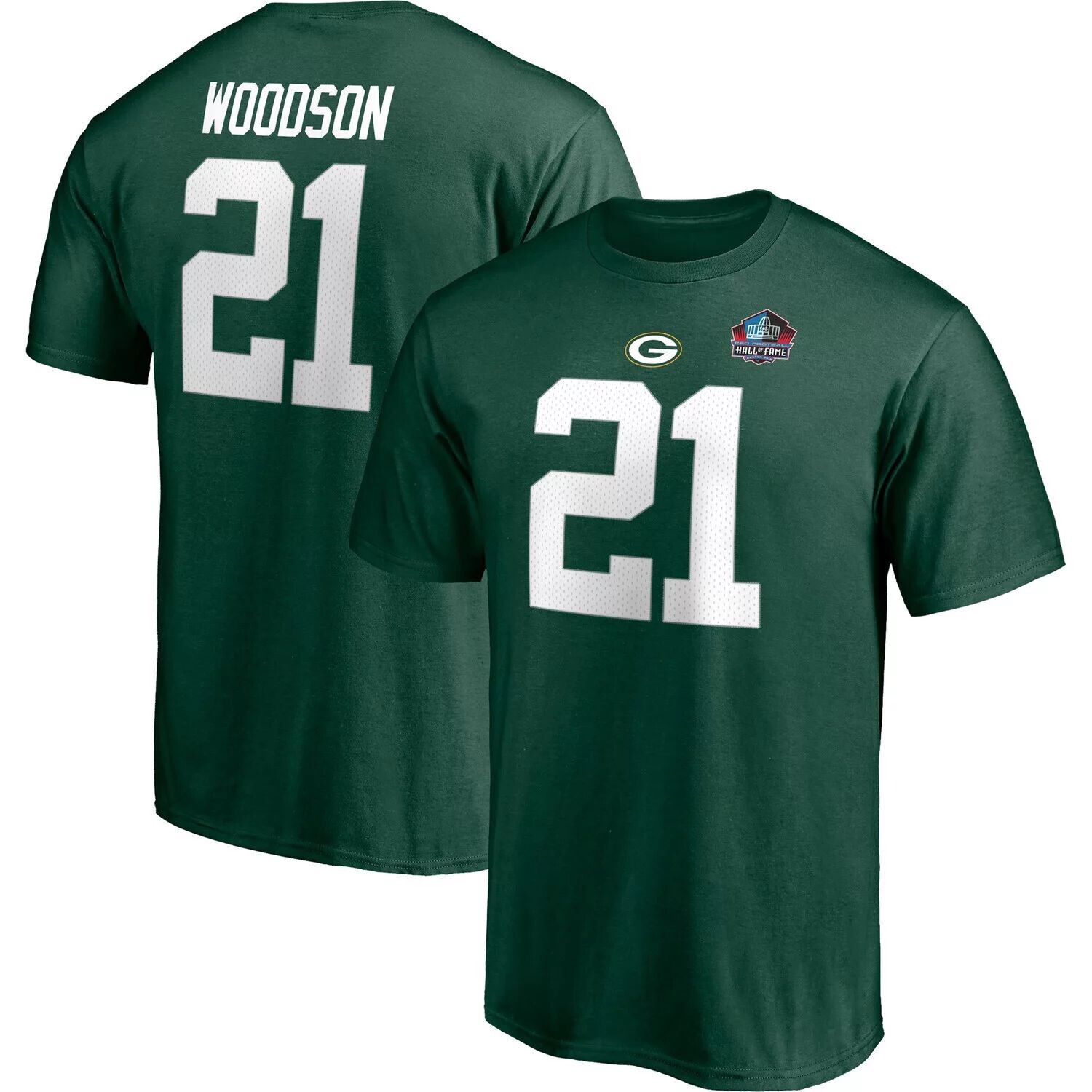 

Мужская фирменная футболка Charles Woodson Green Green Bay Packers с именем и номером Зала славы НФЛ 2021 года Fanatics