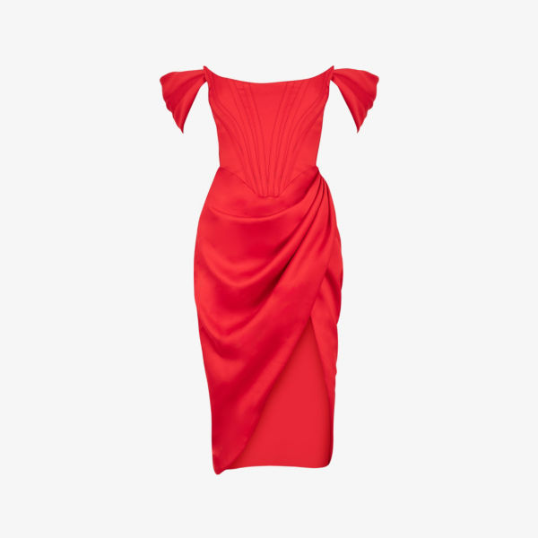 Атласное платье миди Loretta с открытыми плечами House Of Cb, красный