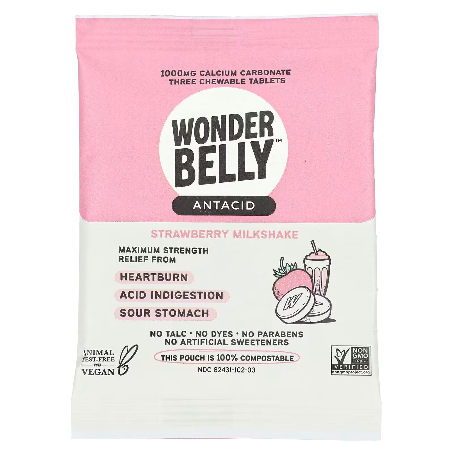 

Антацидный клубничный молочный коктейль Wonderbelly, 3 жевательные таблетки