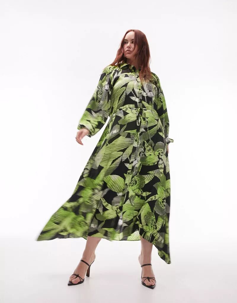 

Зеленое платье-рубашка миди с поясом Topshop