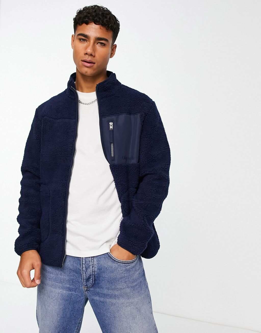 

Темно-синяя куртка на молнии в стиле тедди-борг Jack & Jones Originals