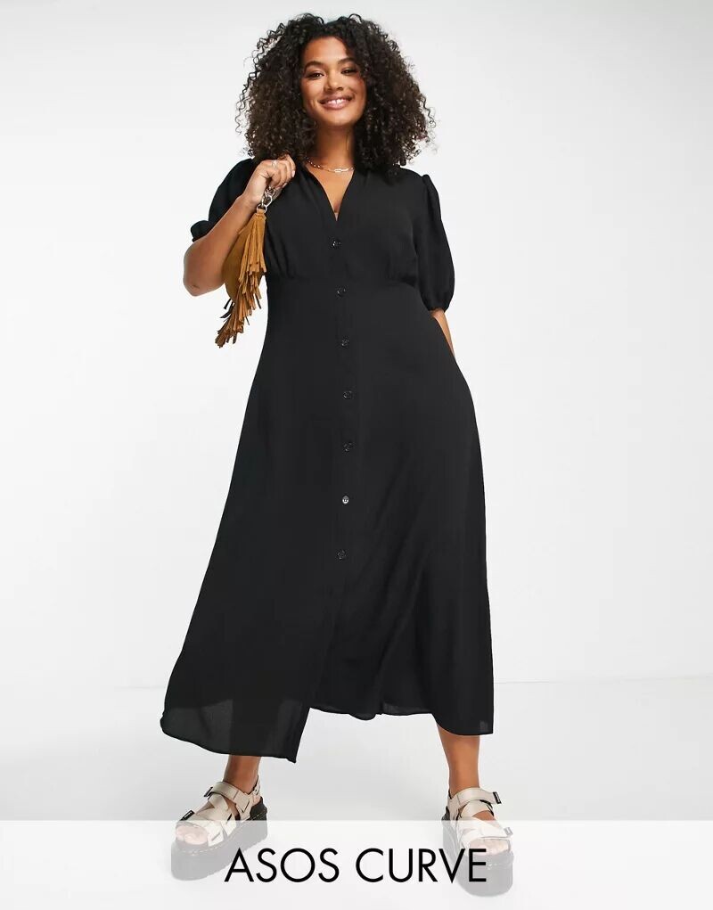 

Черное повседневное платье-рубашка средней длины на пуговицах ASOS DESIGN Curve