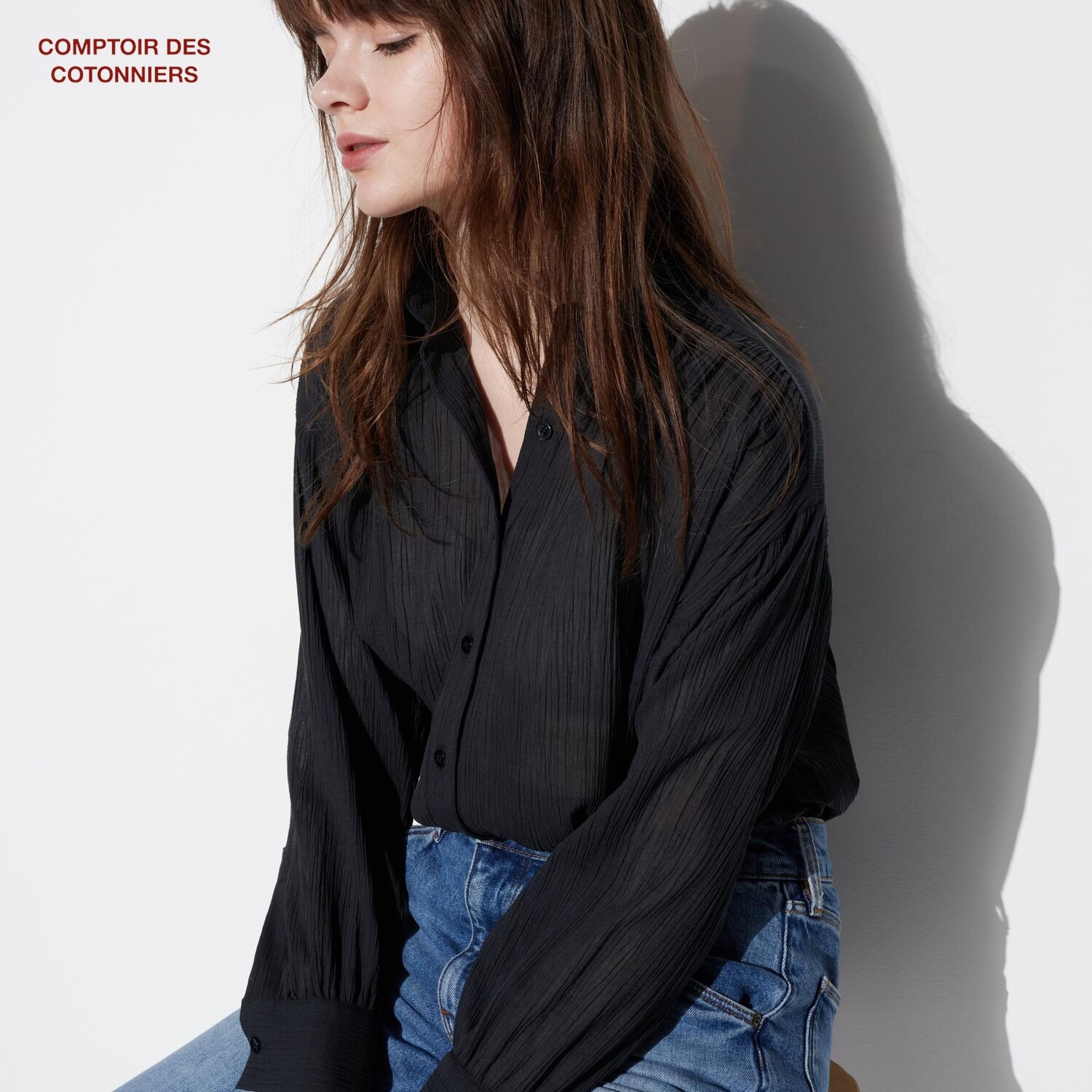 

Рубашка UNIQLO прозрачная из хлопка с длинными рукавами, черный