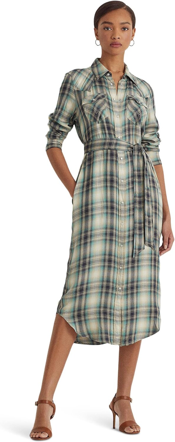 

Платье-рубашка из твила в клетку Petite LAUREN Ralph Lauren, цвет Blue/Green Multi