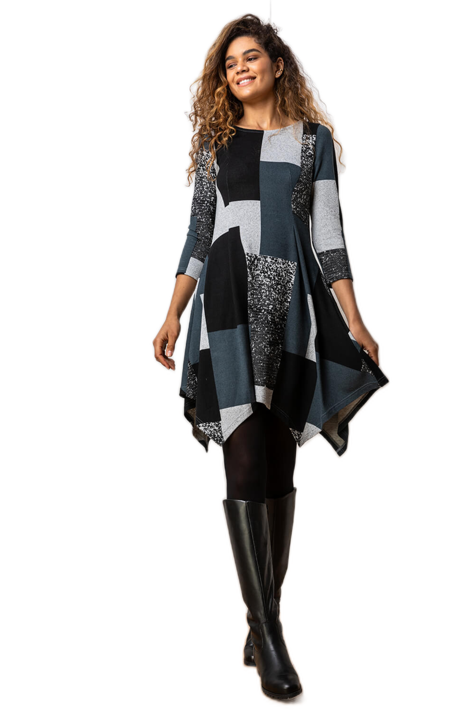Серое платье с лоскутным принтом и платком по подолу Roman женское свободное платье рубашка средней длины элегантное платье большого размера с геометрическим принтом круглым вырезом и рукавами в