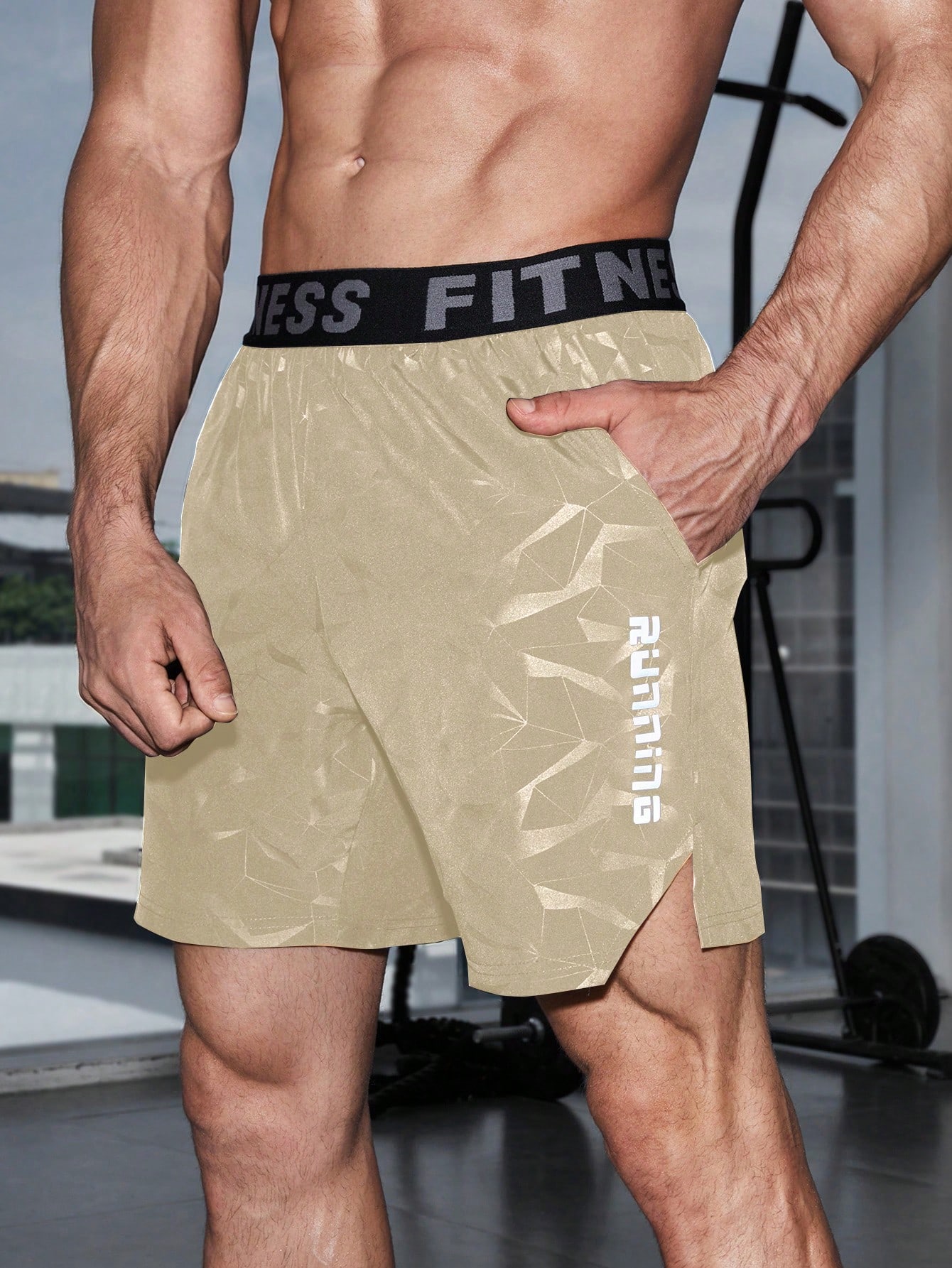 Мужские спортивные шорты с карманами SHEIN Fitness с буквенным принтом, хаки