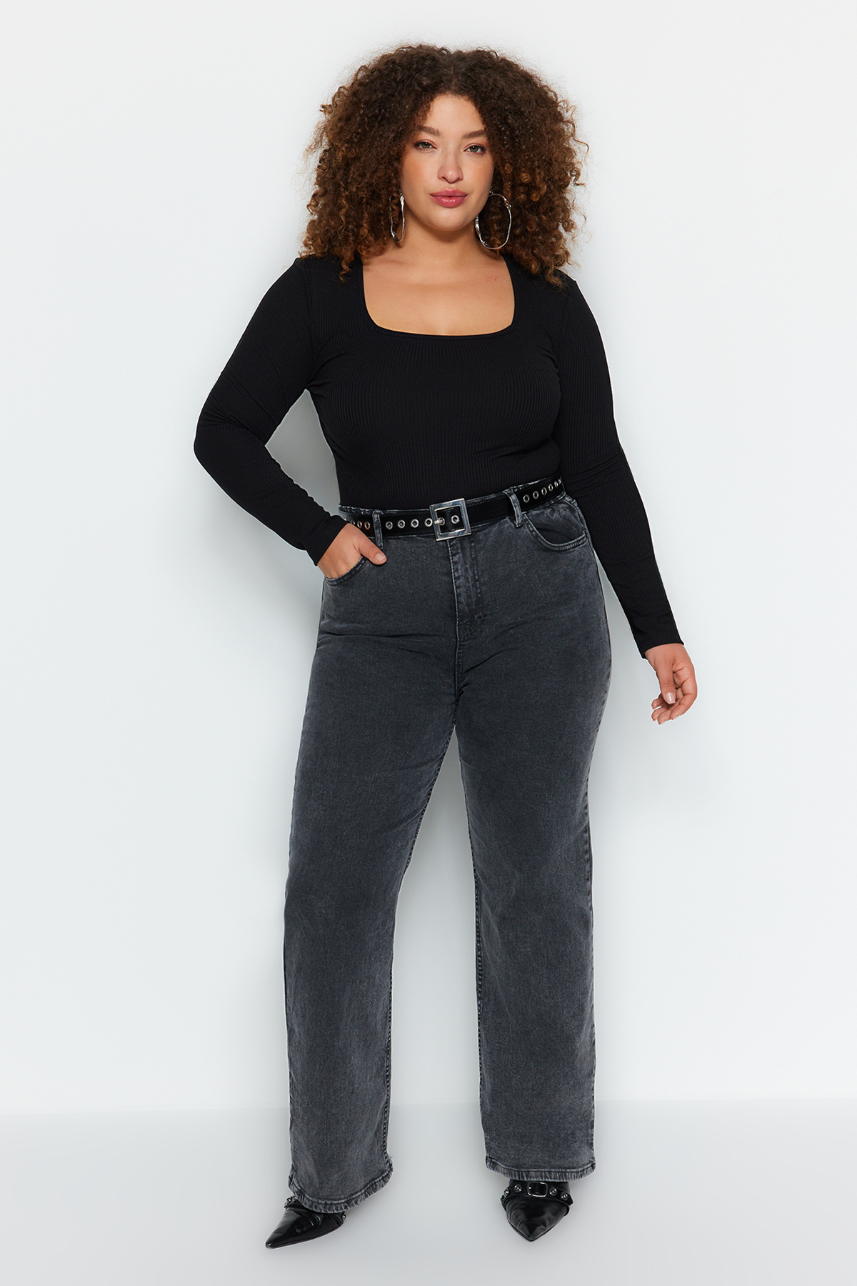 Джинсы больших размеров - Серые - Широкие штанины Trendyol, серый джинсы серые широкие штанины tom tailor denim серый