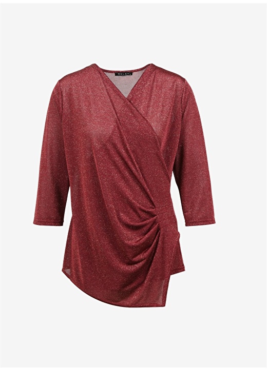 цена Блестящая бордово-красная женская блузка с двубортным воротником Selen
