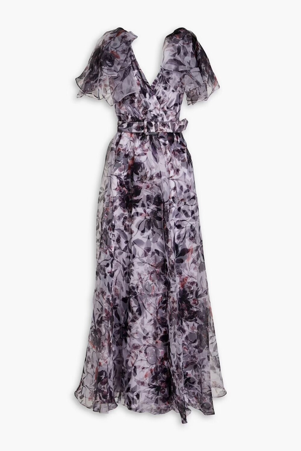 

Платье из органзы с запахом и цветочным принтом Badgley Mischka, сирень