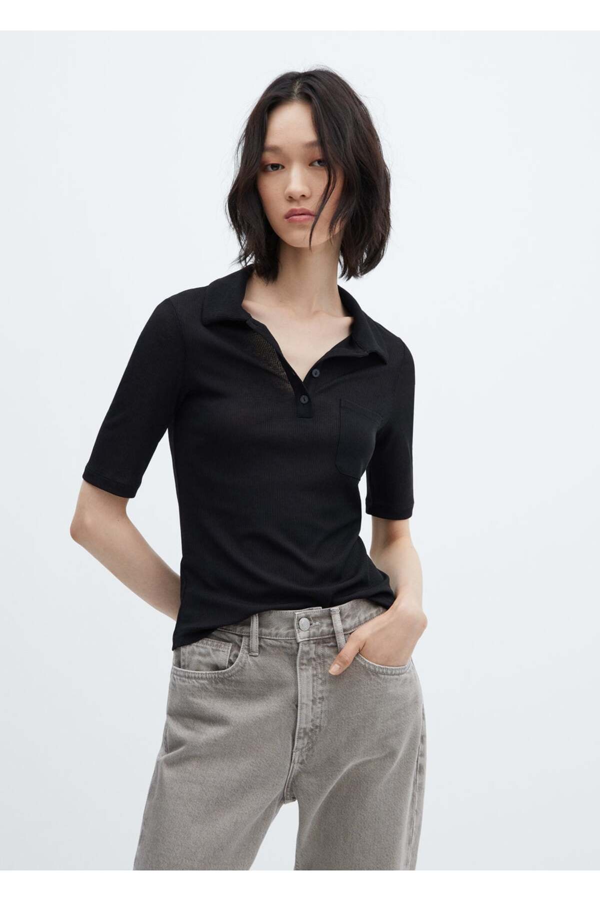 Рубашка поло на пуговицах с коротким рукавом Mango, черный женская рубашка поло на пуговицах с коротким рукавом