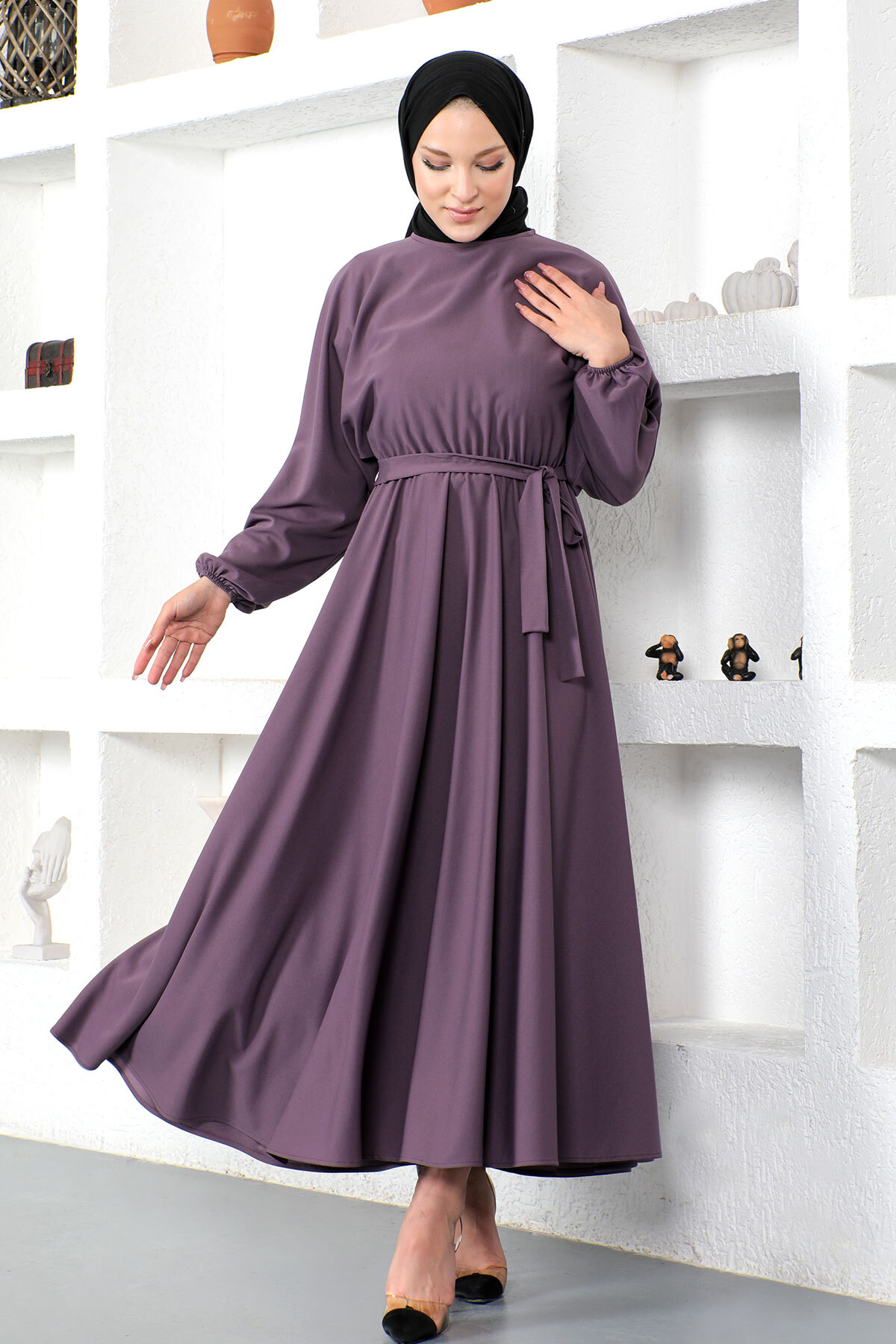 Платье-хиджаб с эластичной резинкой на талии Tsd230201 Фиолетовый Tesettür Dünyası