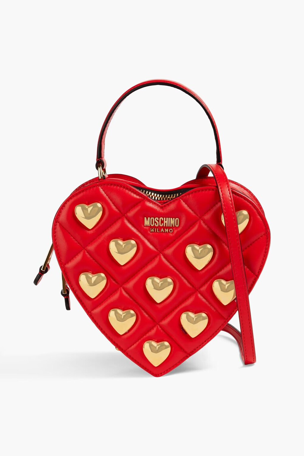 

Стеганая кожаная сумка-тоут с украшением Moschino, цвет Tomato red
