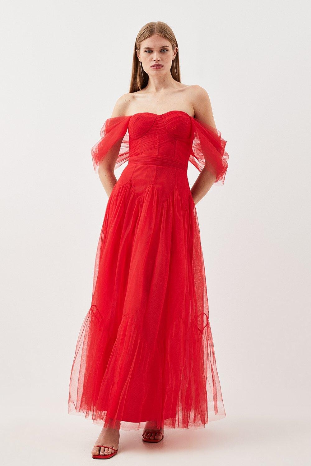 

Тканое платье миди с корсетом из тюля Karen Millen, красный